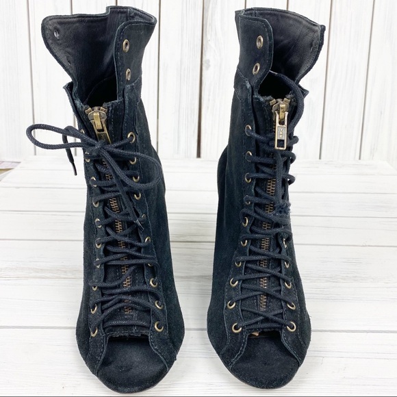 Joie Black Suede Lace Up Peep Toe Wedge Booties 39 - Picture 2 of 8